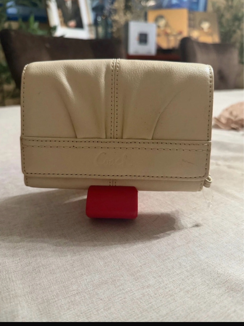 Coach Small Cream Leather Wallet with Subtle Ruching